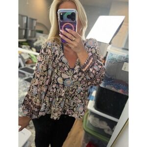 Billabong Adore You Cropped Babydoll Puff Sleeve Blouse Top Boho Floral Size S